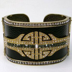 Heidi Daus Denim & Deco Black Faux Leather Crystal Hinged Cuff Bracelet